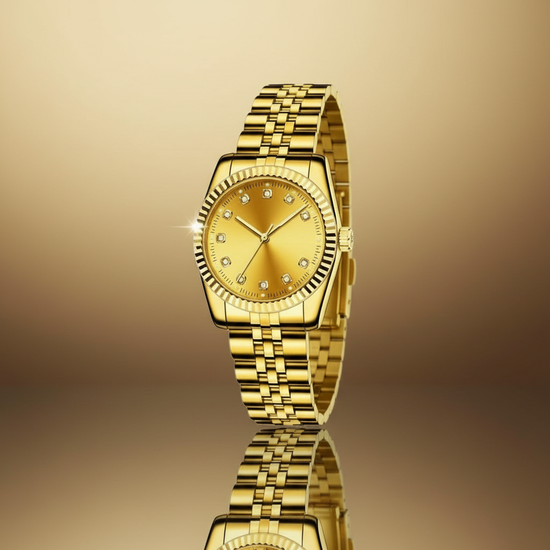 Glamora Diamond Timepiece: The Aurum Mesh Gold Ladies' Quartz Watch